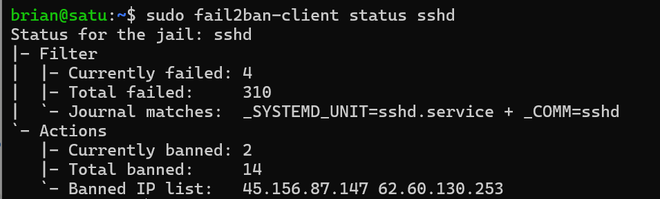 Terminal output showing fail2ban-client status sshd with banned IP addresses