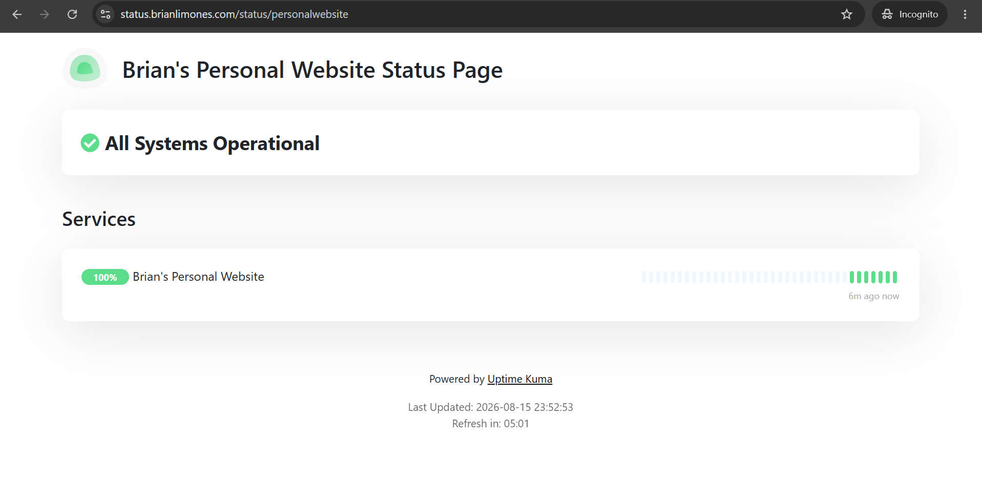 Uptime Kuma dashboard showing monitored services and uptime percentages