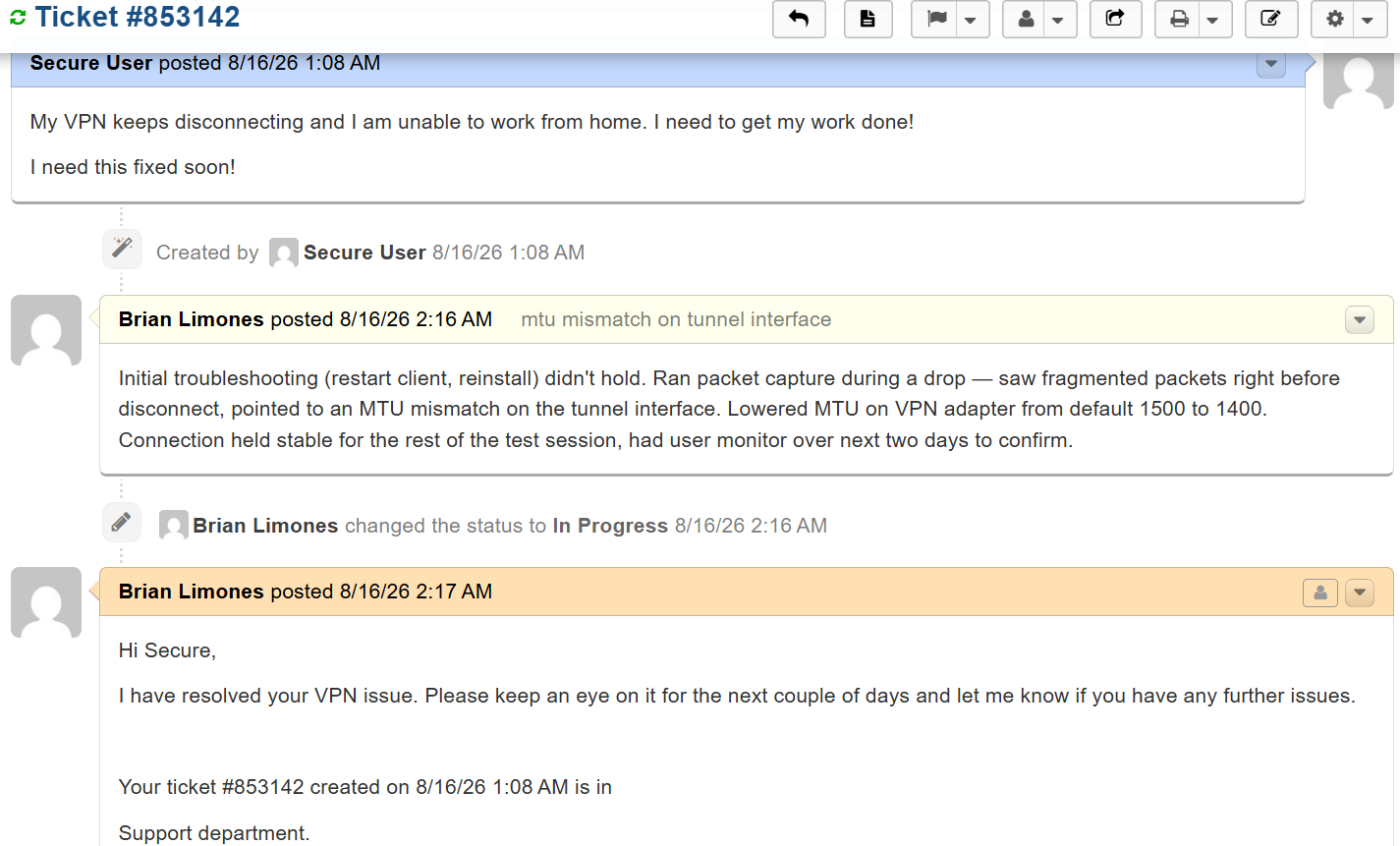 A fully worked osTicket ticket showing internal diagnosis notes and customer-facing reply
