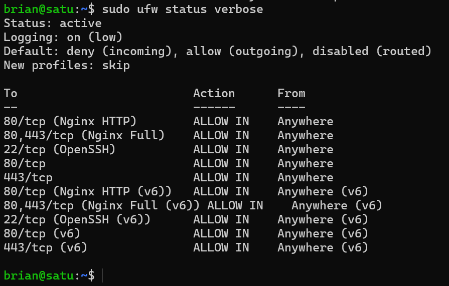 Terminal output of sudo ufw status verbose showing active firewall rules